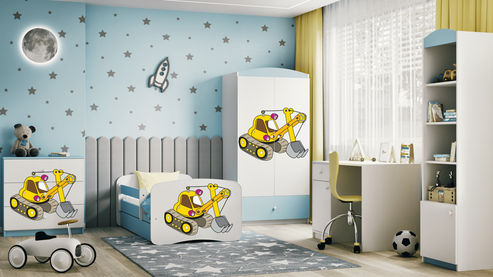 Łóżko dziecięce Babydreams Koparka - 160/80, kolor niebieski, z szufladą, materac piankowo-lateksowo-kokosowy