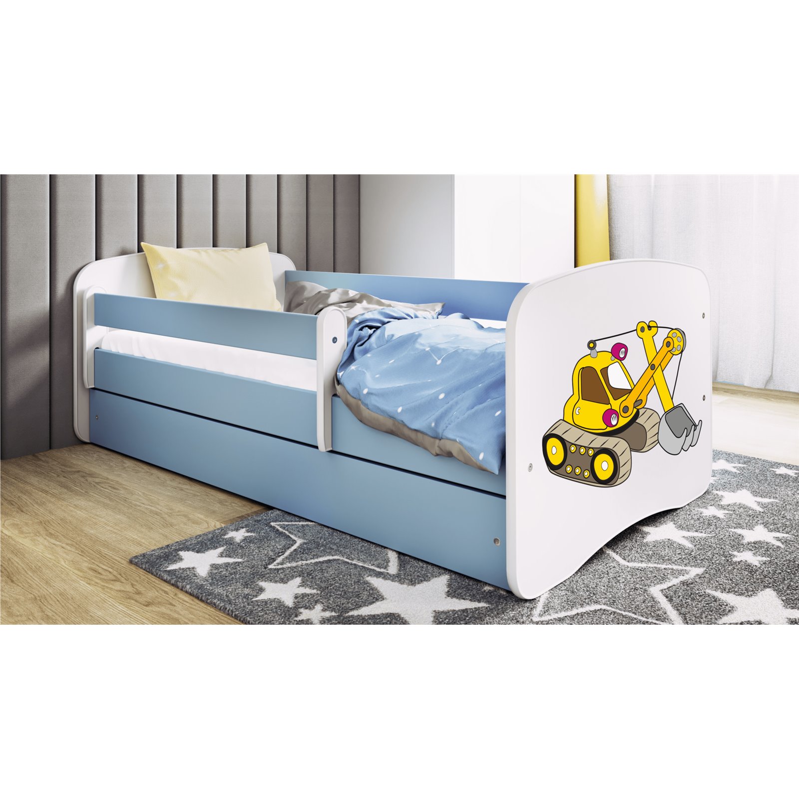 Łóżko dziecięce Babydreams - Koparka Z szufladą 140/70, Niebieski, Materac piankowy 140/70/8 - materac średniej twardości (+80zł