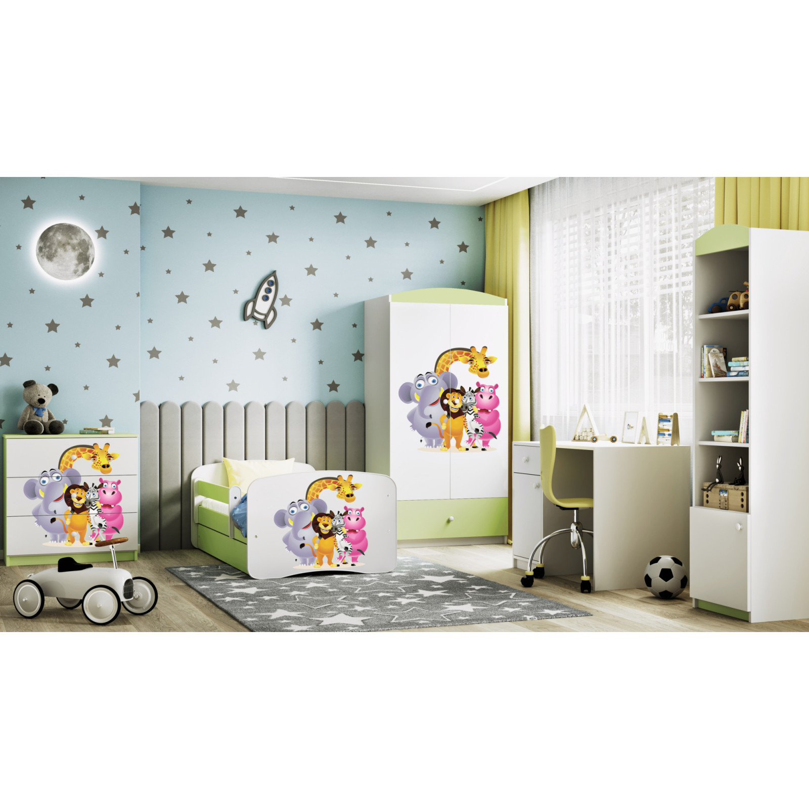 Łóżko dziecięce Babydreams - Zoo Z szufladą 140/70, Zielony, Materac pianka kokos 140/70/9 - materac średniej twardości (+279zł)