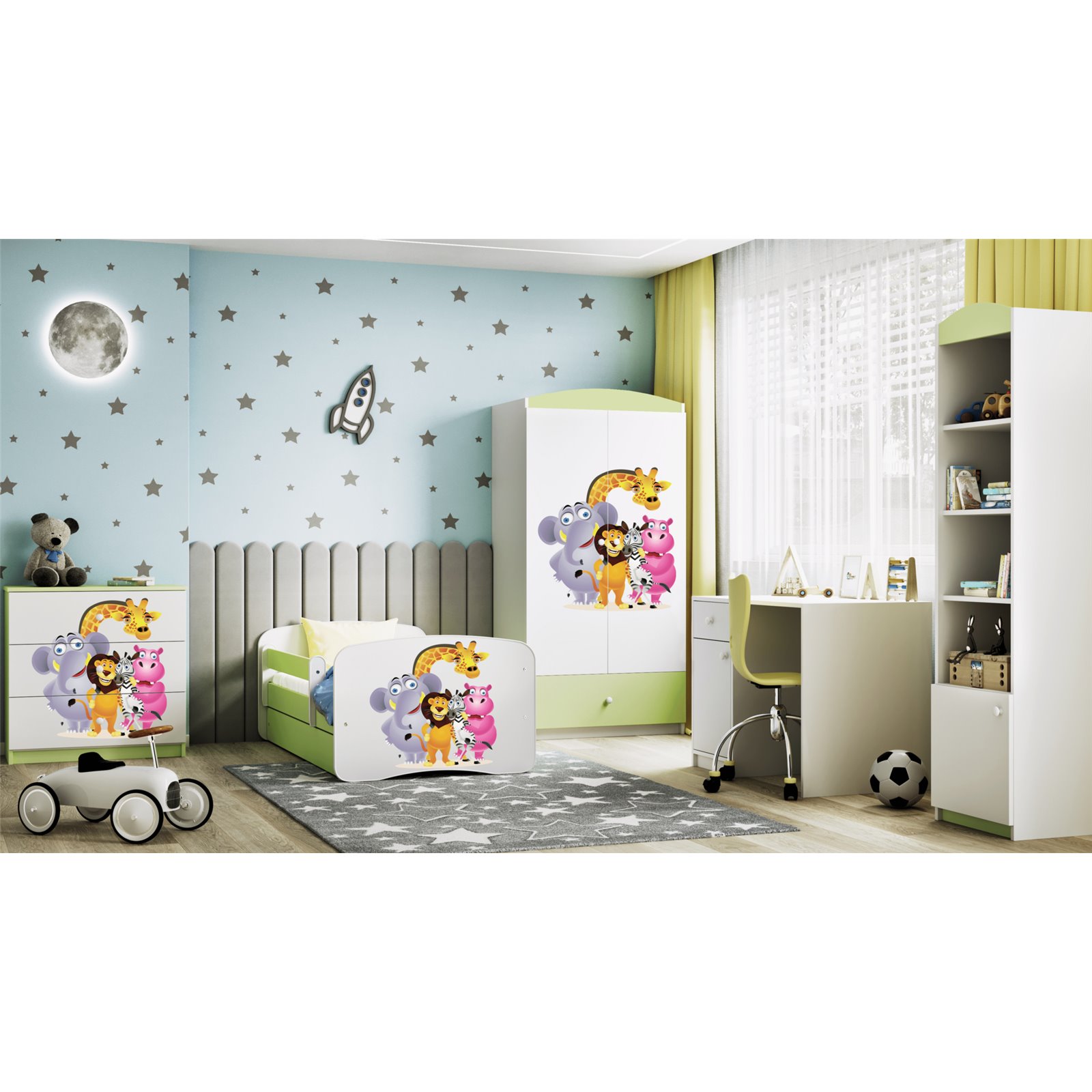 Łóżko dziecięce Babydreams - Zoo Bez szuflady 180/80, Zielony, Materac pianka lateks 180/80/10 - materac średniej twardości (+49