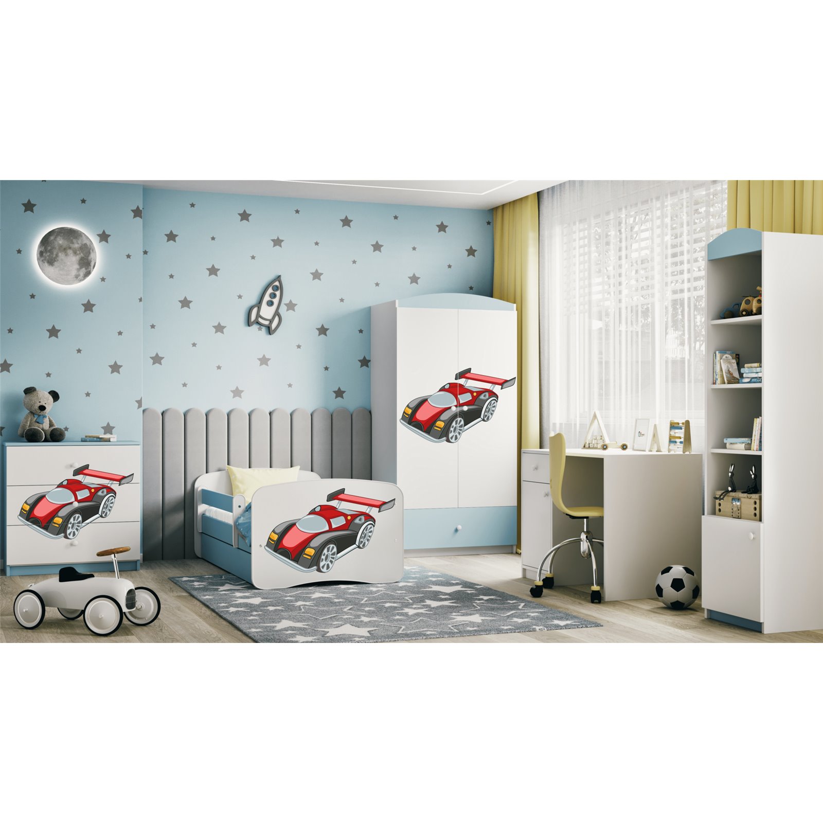 Łóżko dziecięce Babydreams - Auto wyścigowe Z szufladą 180/80, Niebieski, Materac pianka lateks 180/80/10 - materac średniej twa