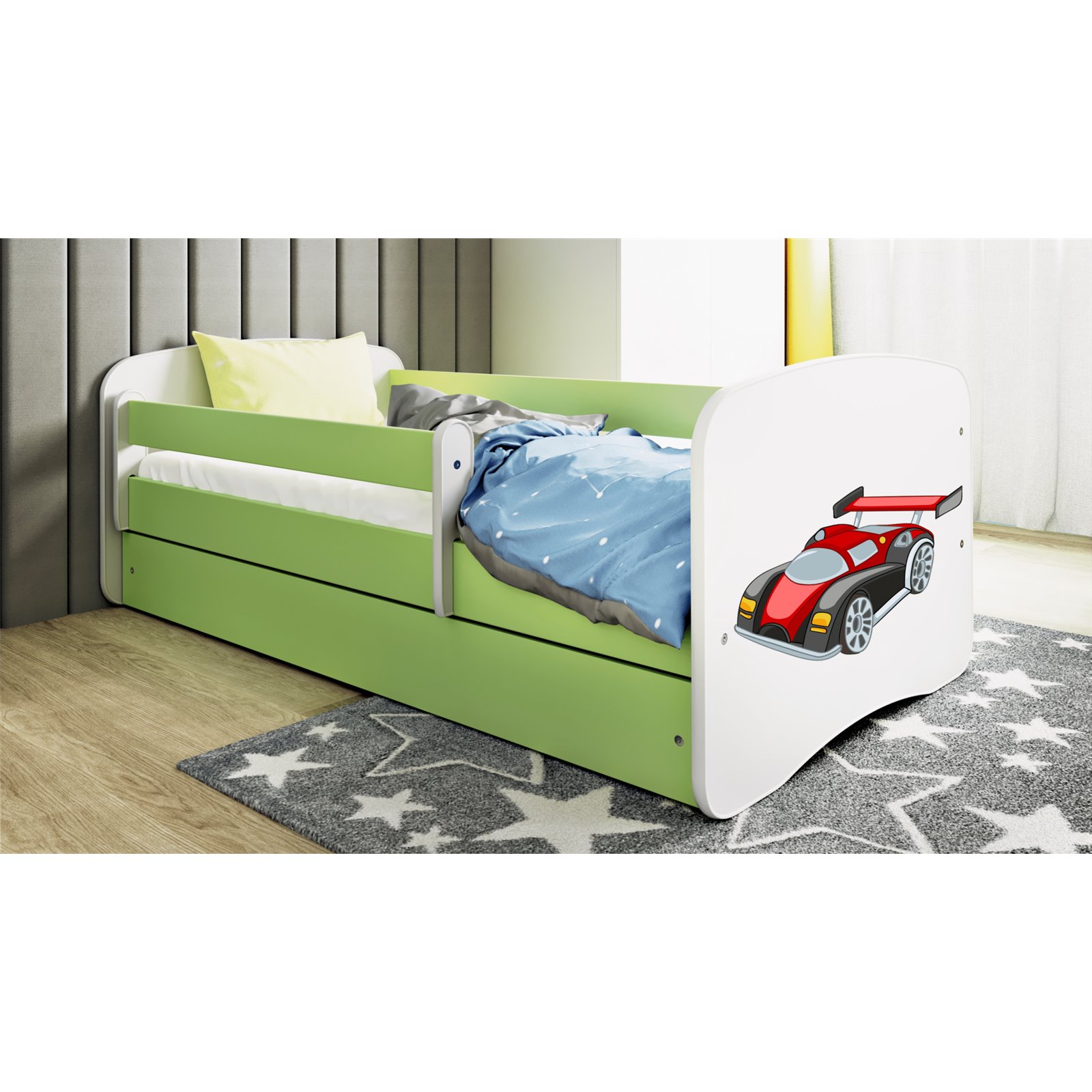 Łóżko dziecięce Babydreams - Auto wyścigowe Bez szuflady 160/80, Zielony, Materac pianka lateks kokos 160/80/10 - materac średni