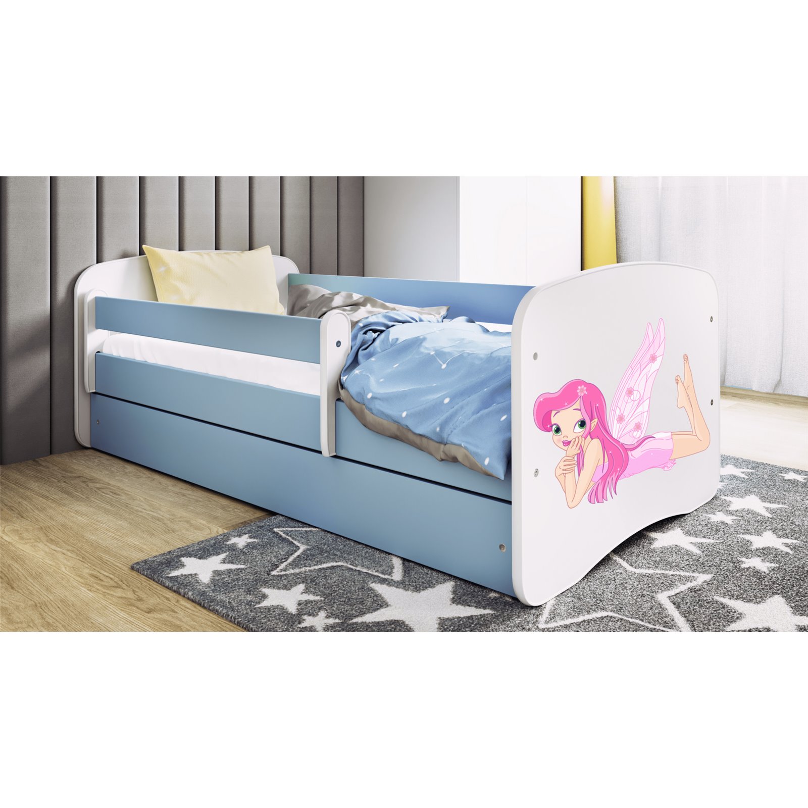 Łóżko dziecięce Babydreams - Wróżka ze skrzydełkami Bez szuflady 140/70, Niebieski, Materac pianka lateks 140/70/9 - materac śre