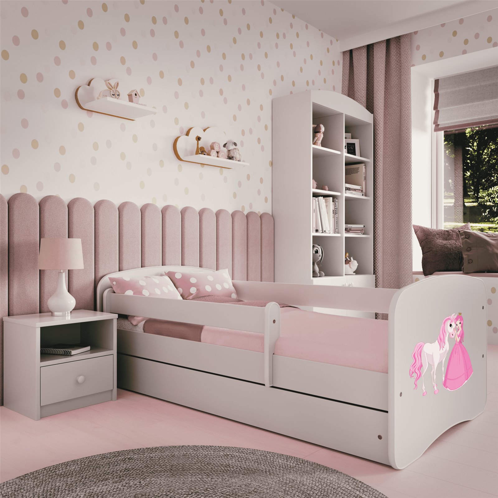 Łóżko dziecięce Babydreams - Księżniczka i konik Z szufladą 160/80, Biały, Materac piankowy 160/80/8 - materac średniej twardośc