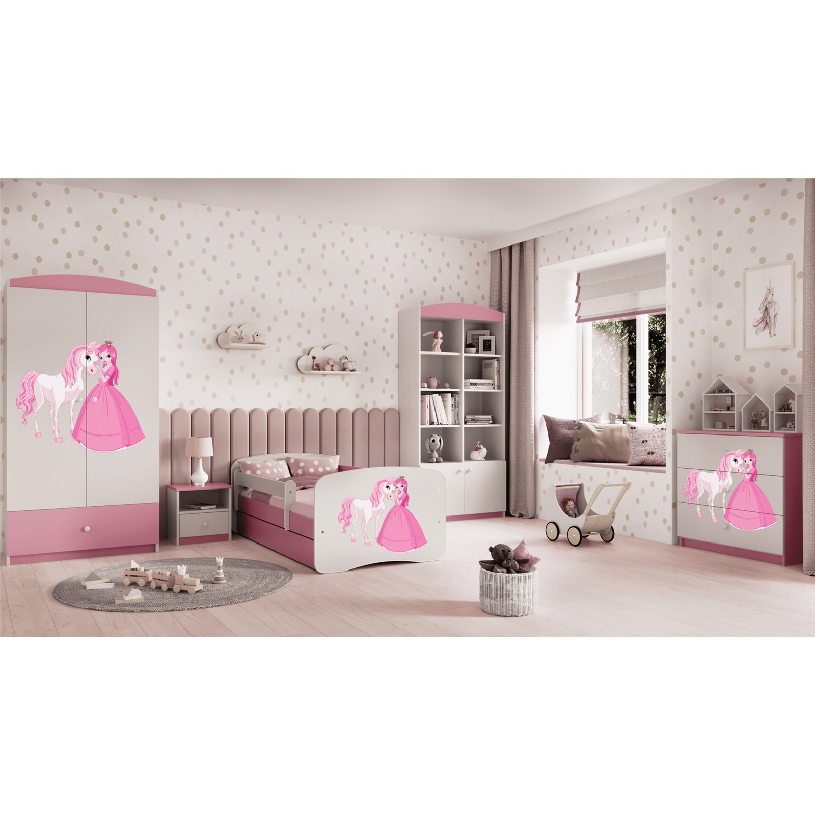 Łóżko dziecięce Babydreams - Księżniczka i konik Z szufladą 140/70, Różowy, Materac pianka lateks kokos 140/70/10 - materac śred