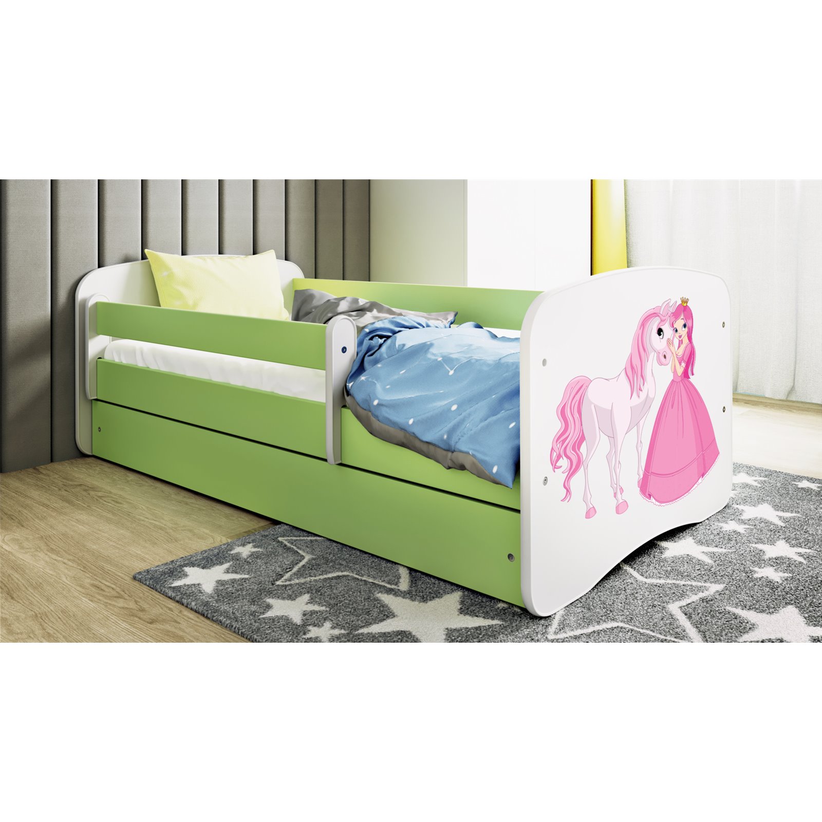 Łóżko dziecięce Babydreams - Księżniczka i konik Z szufladą 140/70, Zielony, Materac pianka lateks kokos 140/70/10 - materac śre