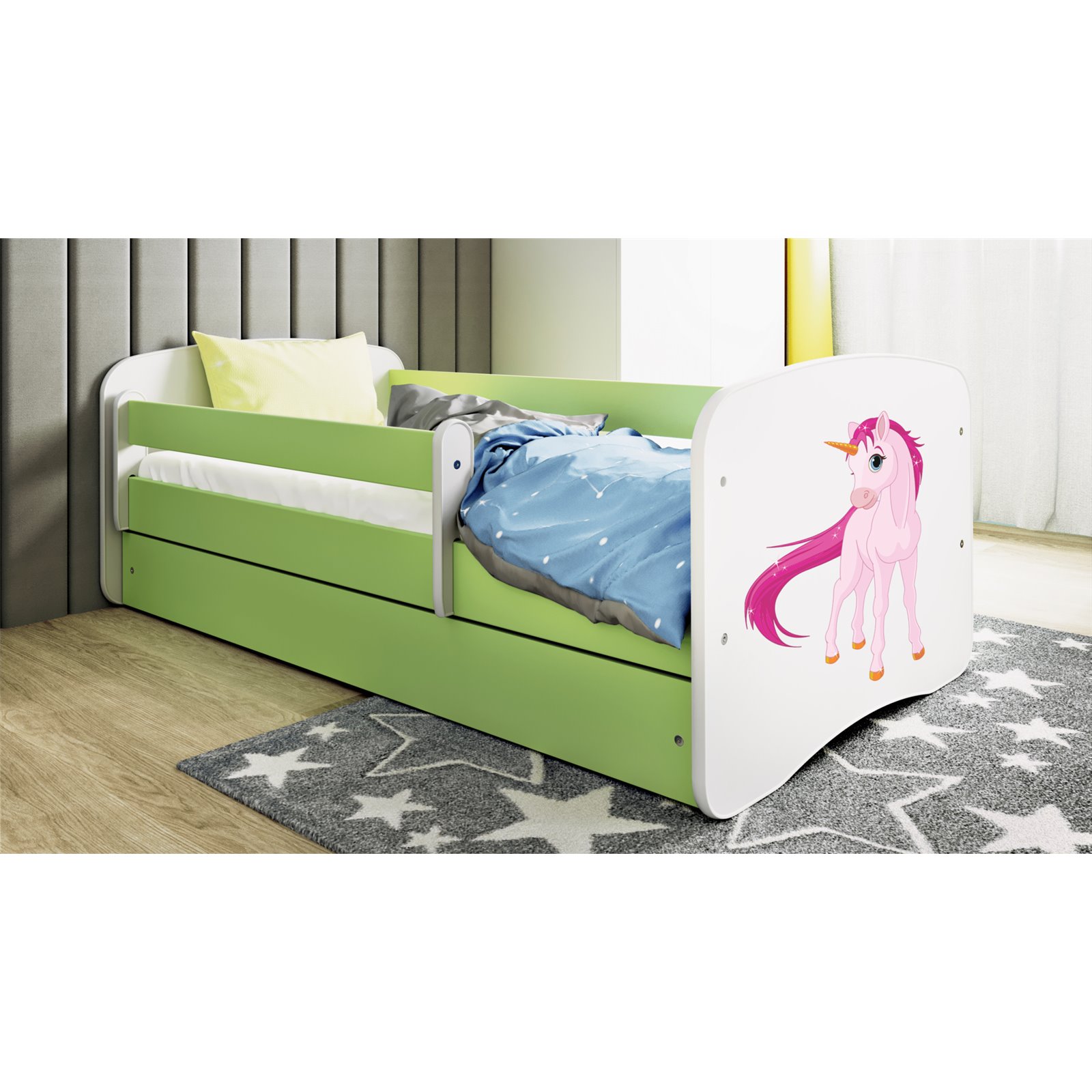 Łóżko dziecięce Babydreams - Jednorożec Bez szuflady 180/80, Zielony, Materac pianka lateks 180/80/10 - materac średniej twardoś
