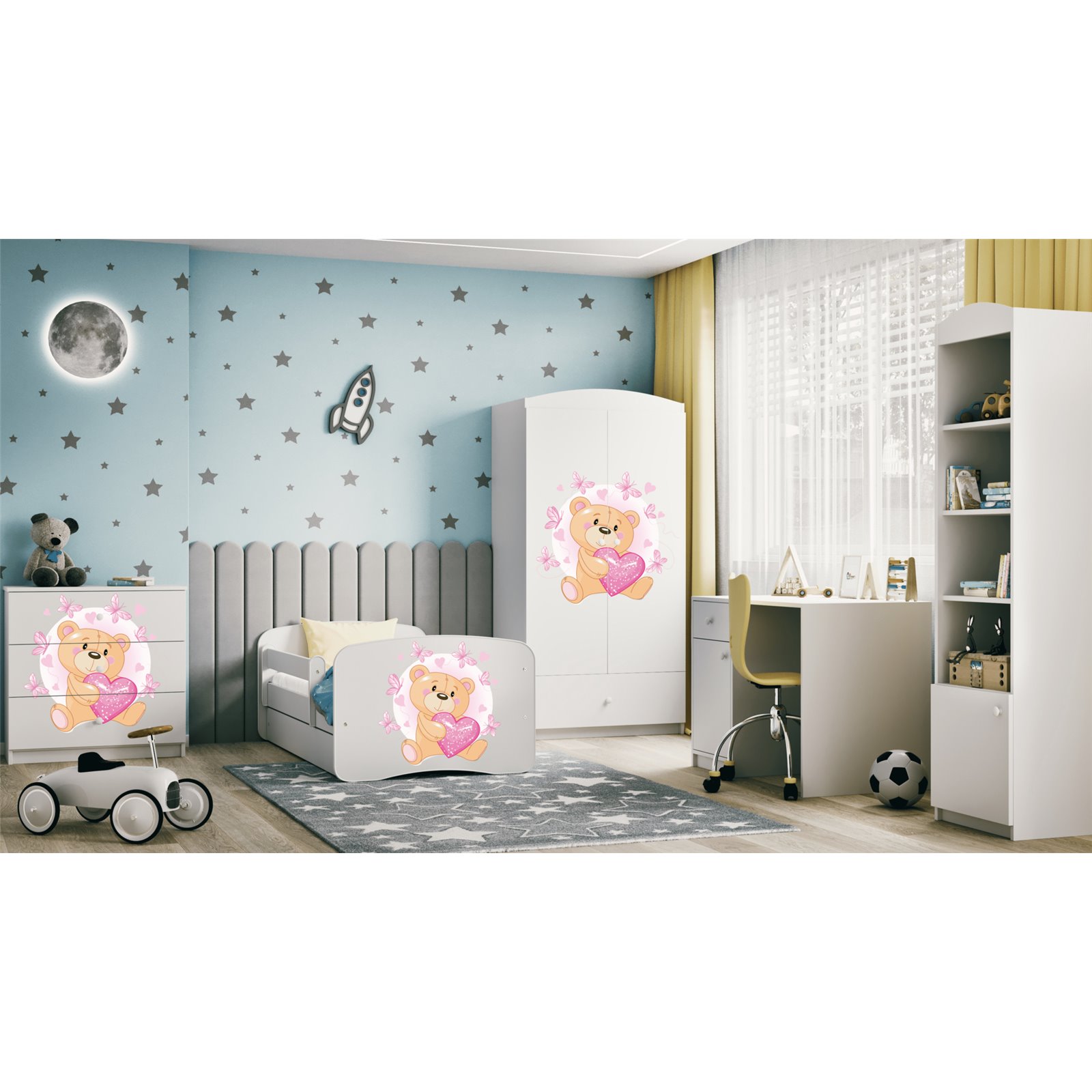 Łóżko dziecięce Babydreams - Miś z motylkami Z szufladą 140/70, Biały, Materac piankowy 140/70/8 - materac średniej twardości (+