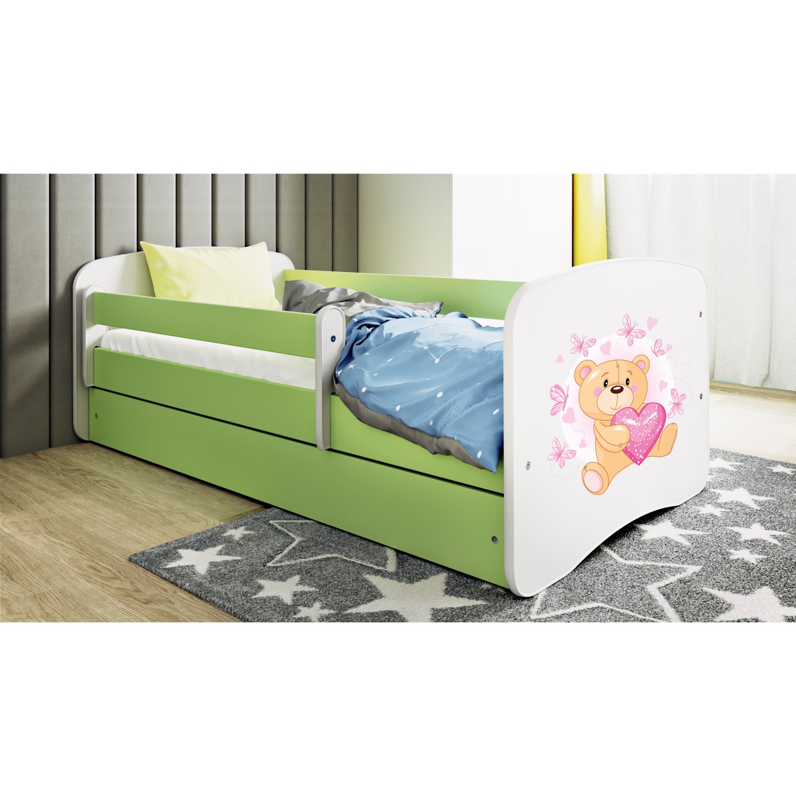 Łóżko dziecięce Babydreams - Miś z motylkami Z szufladą 140/70, Zielony, Materac pianka lateks kokos 140/70/10 - materac średnie