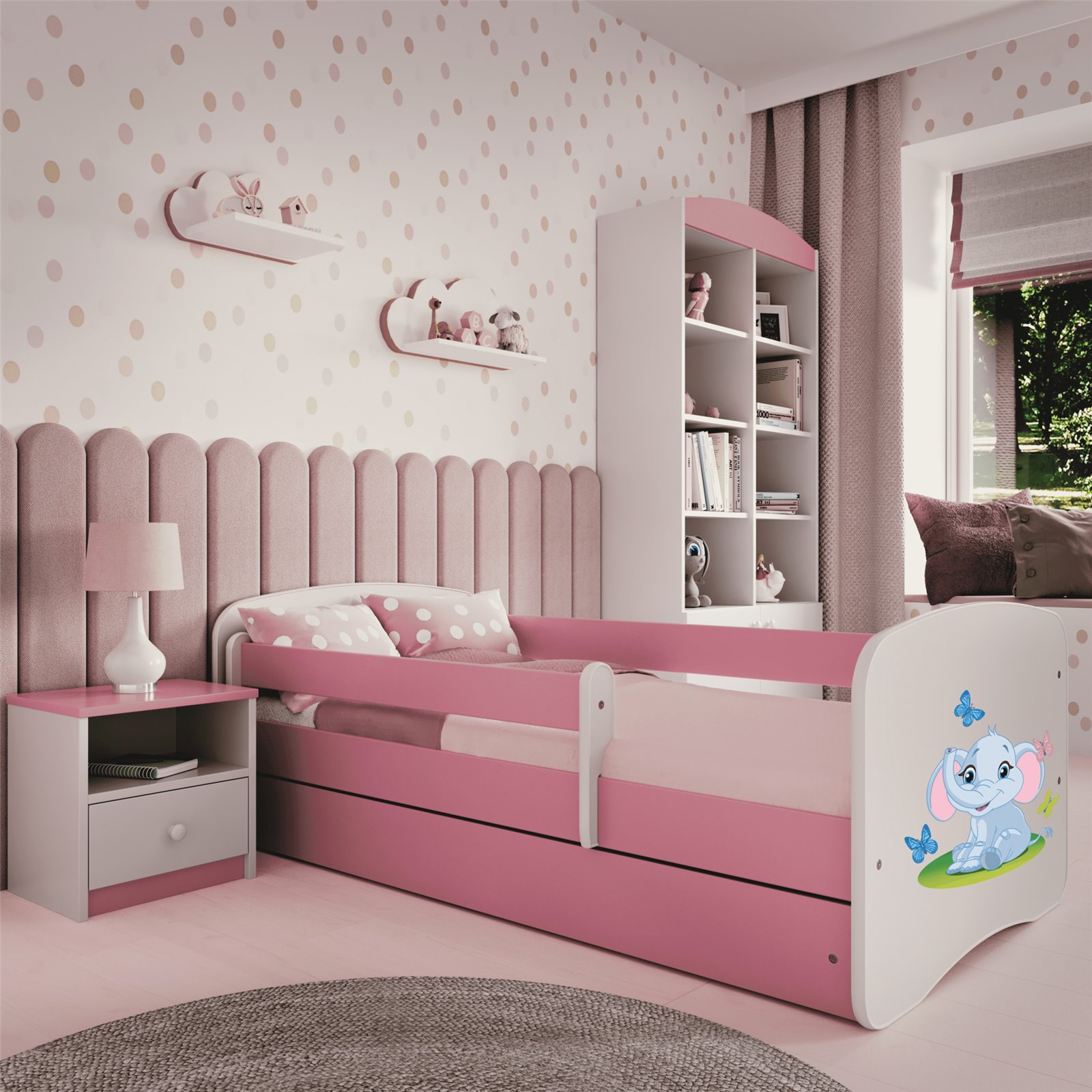 Łóżko dziecięce Babydreams - Słonik Z szufladą 160/80, Różowy, Materac piankowy 160/80/8 - materac średniej twardości (+100zł)