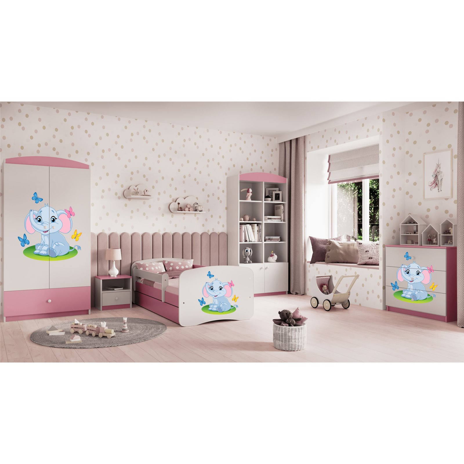 Łóżko dziecięce Babydreams - Słonik Z szufladą 160/80, Różowy, Materac pianka lateks 160/80/9 - materac średniej twardości (+449