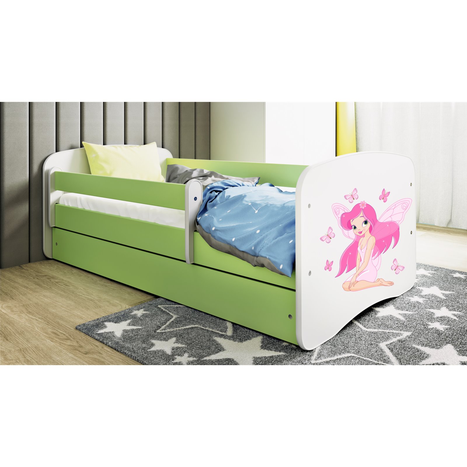 Łóżko dziecięce Babydreams - Wróżka z motylkami Z szufladą 140/70, Zielony, Materac piankowy 140/70/8 - materac średniej twardoś