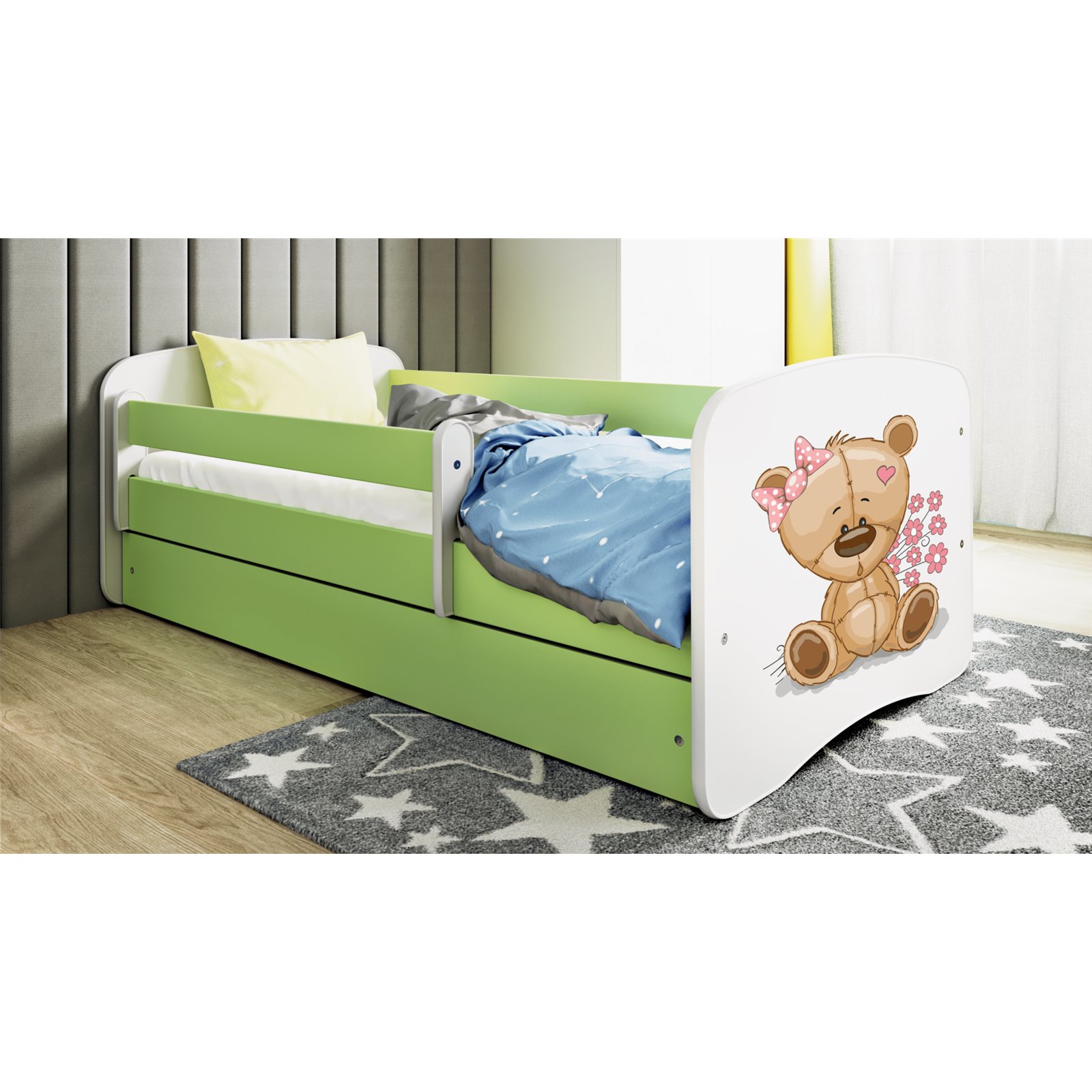 Łóżko dziecięce Babydreams - Miś z kwiatkami Z szufladą 180/80, Zielony, bez materaca