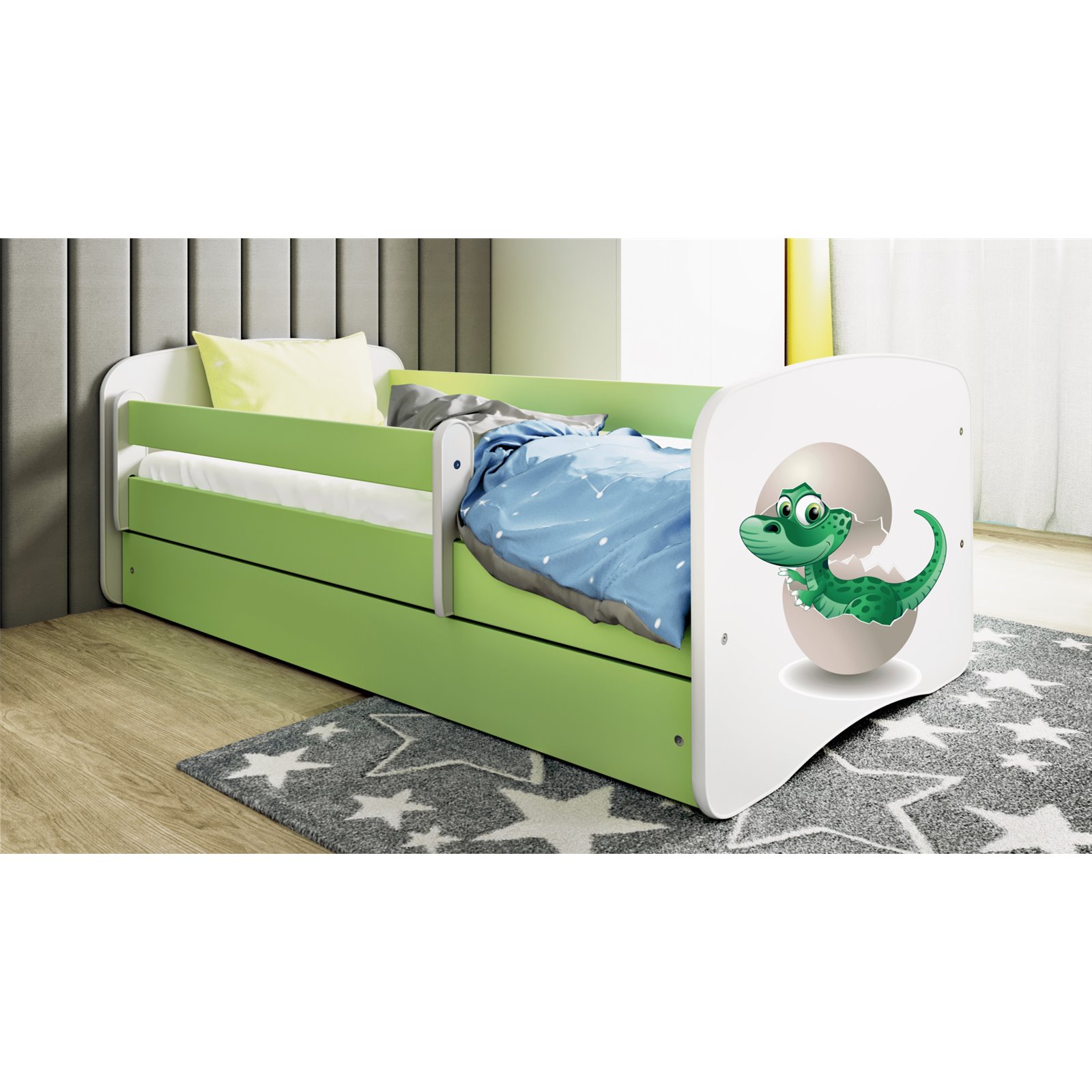 Łóżko dziecięce Babydreams - Mały dino Bez szuflady 140/70, Zielony, Materac pianka lateks 140/70/9 - materac średniej twardości