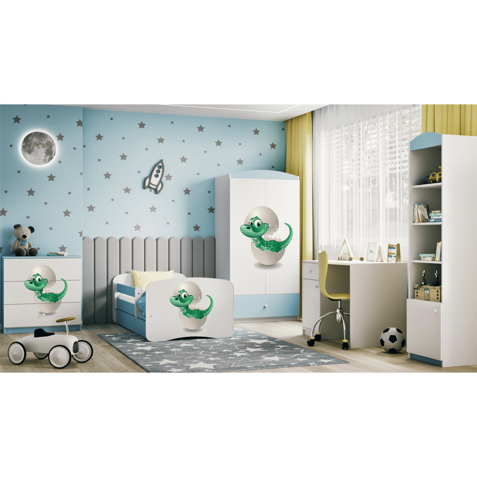 Łóżko dziecięce Babydreams - Mały dino Z szufladą 160/80, Niebieski, Materac pianka lateks kokos 160/80/10 - materac średniej tw