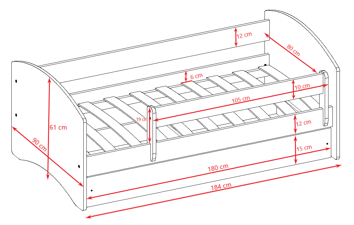 Łóżko dziecięce Babydreams Bez wzoru - 180/80, kolor zielony, z szufladą, materac piankowy