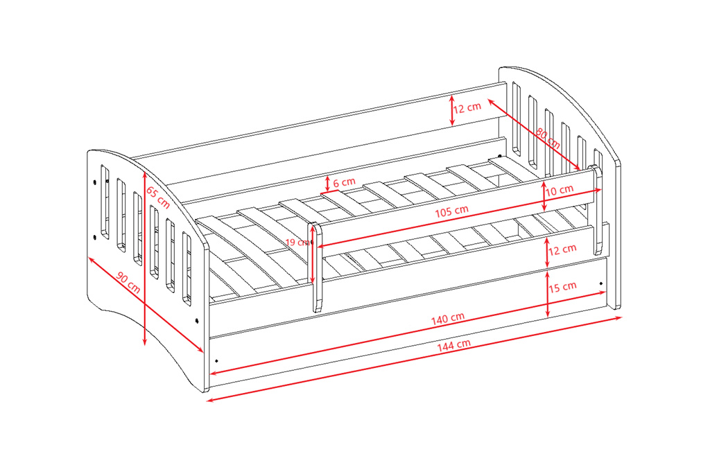Łóżko dziecięce Classic 1 - 140/80, kolor pudrowy róż / biały, z szufladą, materac piankowo-lateksowo-kokosowy