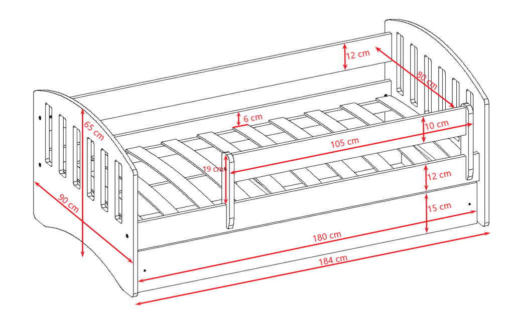 Łóżko dziecięce Classic 1 - 180/80, kolor pudrowy róż / biały, z szufladą, materac piankowo-lateksowo-kokosowy