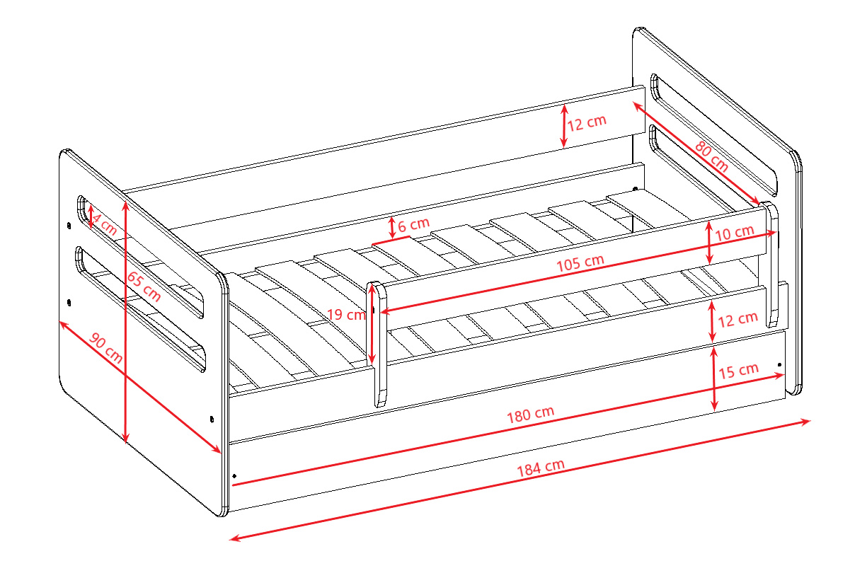 Łóżko dziecięce Tomi - 180/80, kolor biały, z szufladą, materac piankowo-lateksowy