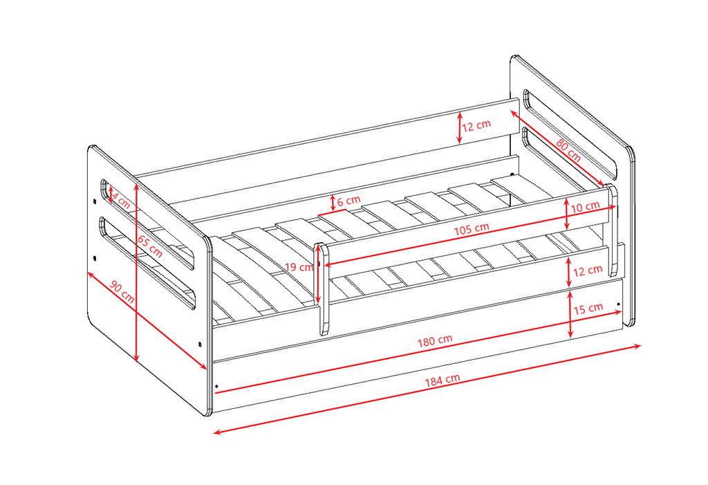 Łóżko dziecięce Tomi - 180/80, kolor różowy, z szufladą, materac piankowo-lateksowo-kokosowy
