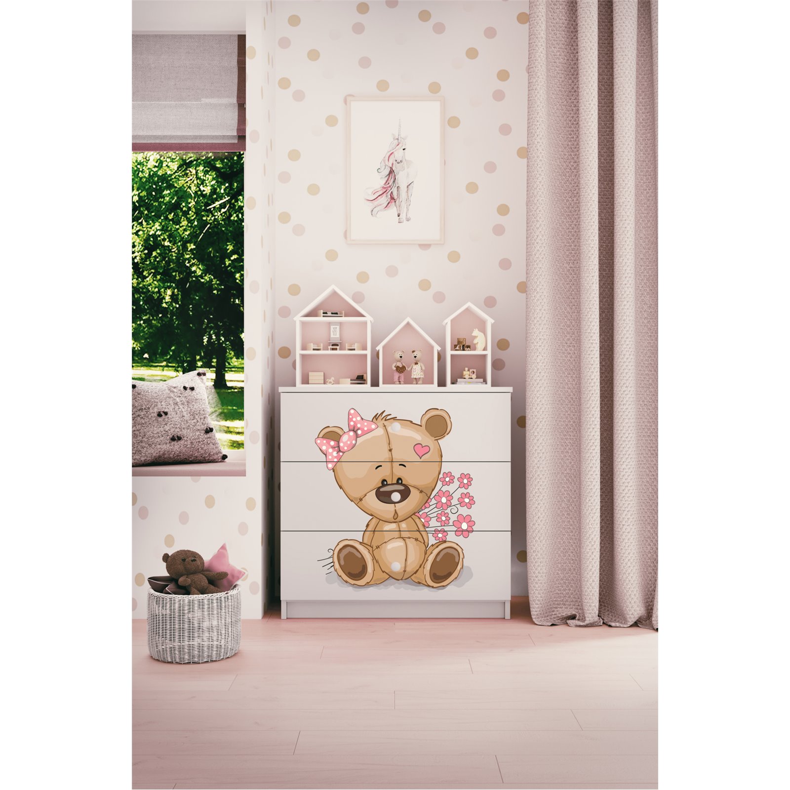 Komoda Babydreams - Miś z kwiatkami Biały