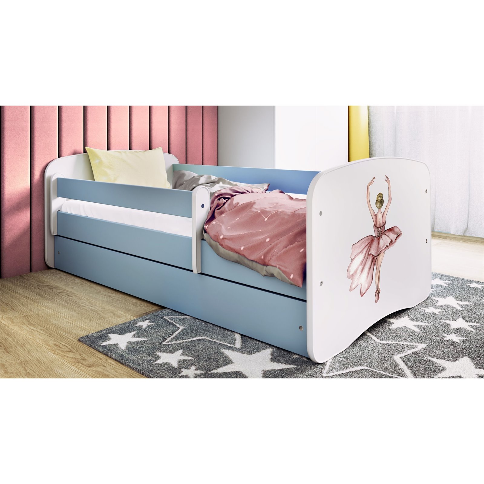 Łóżko dziecięce Babydreams - Baletnica Z szufladą 140/70, Niebieski, Materac pianka lateks kokos 140/70/10 - materac średniej tw