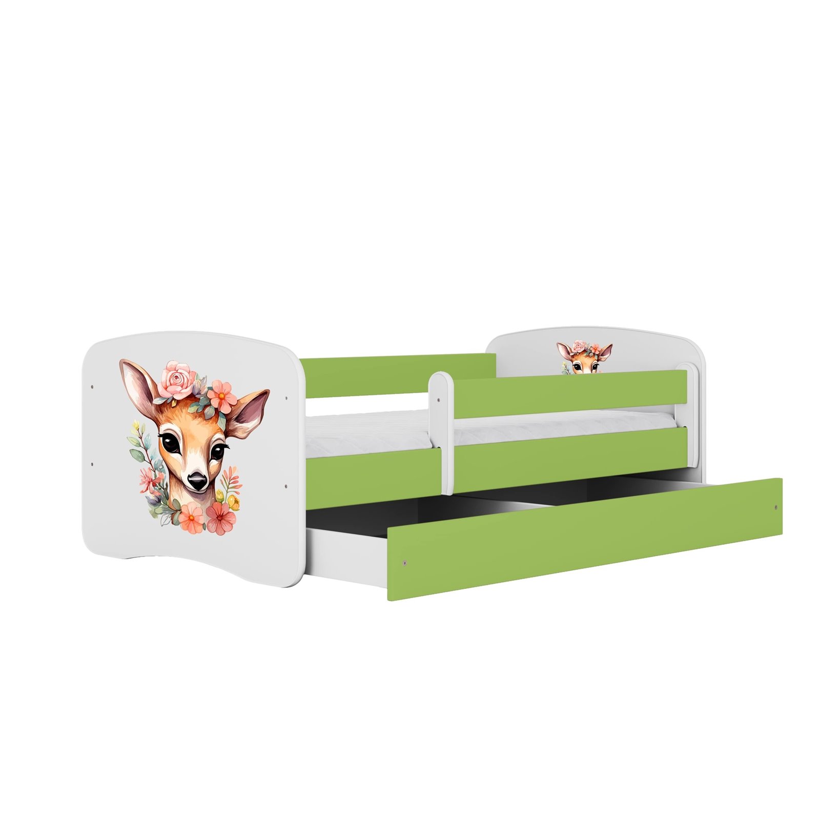 Łóżko dziecięce Babydreams - Bambi Z szufladą 160/80, Zielony, Materac pianka lateks 160/80/9 - materac średniej twardości (+449