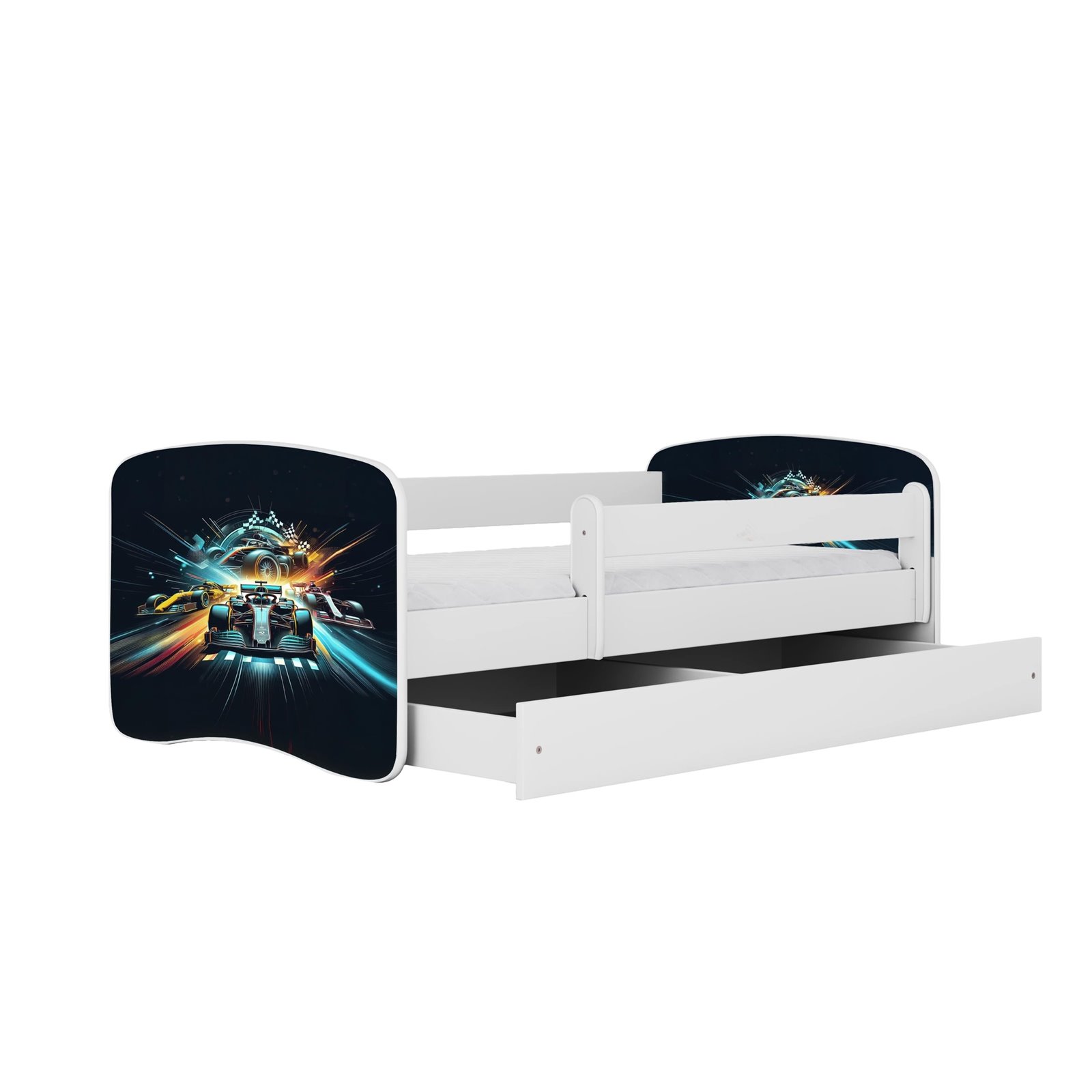 Łóżko dziecięce Babydreams - Wyścig Z szufladą 180/80, Biały, Materac pianka lateks 180/80/10 - materac średniej twardości (+499
