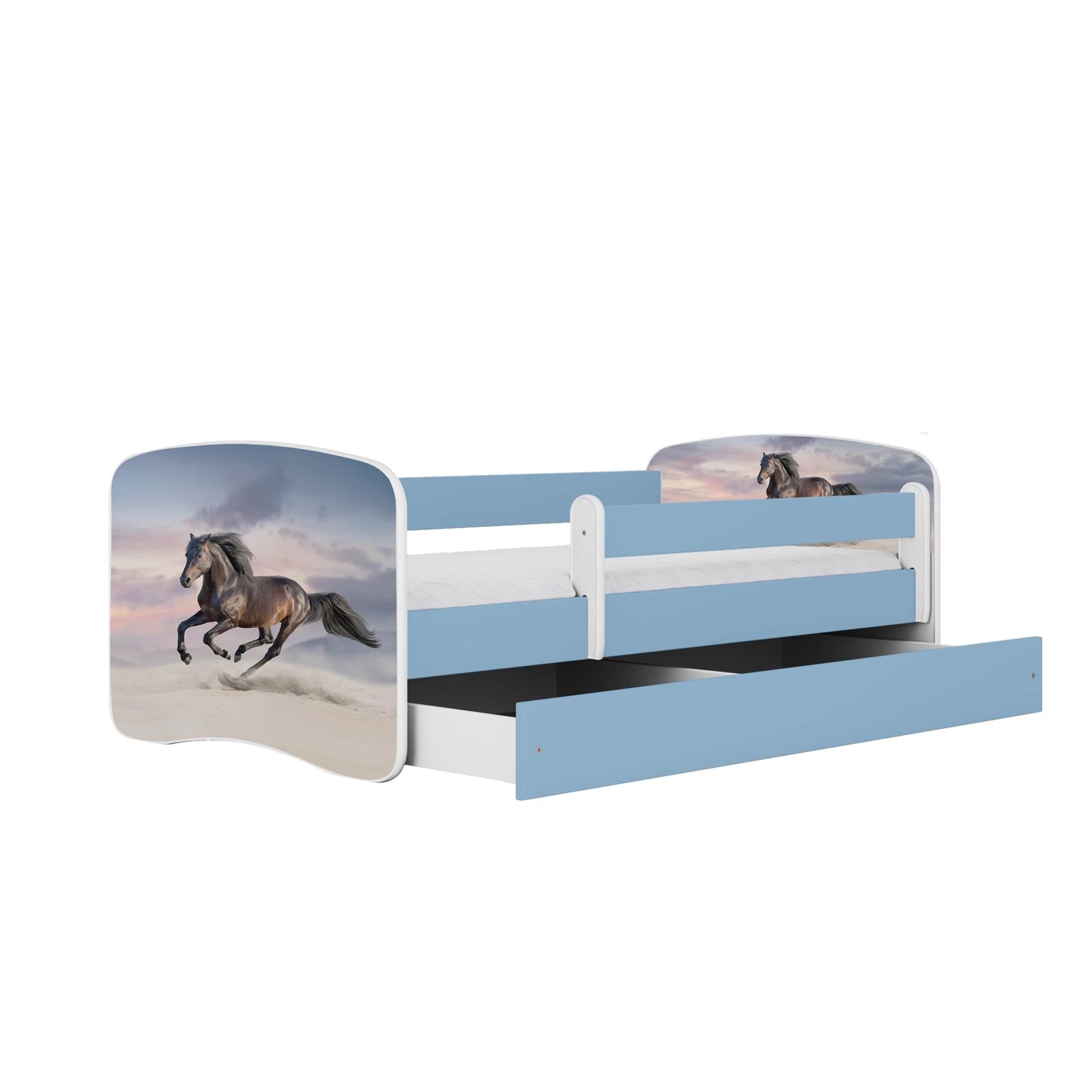 Łóżko dziecięce Babydreams - Koń Z szufladą 180/80, Niebieski, Materac pianka lateks 180/80/10 - materac średniej twardości (+49