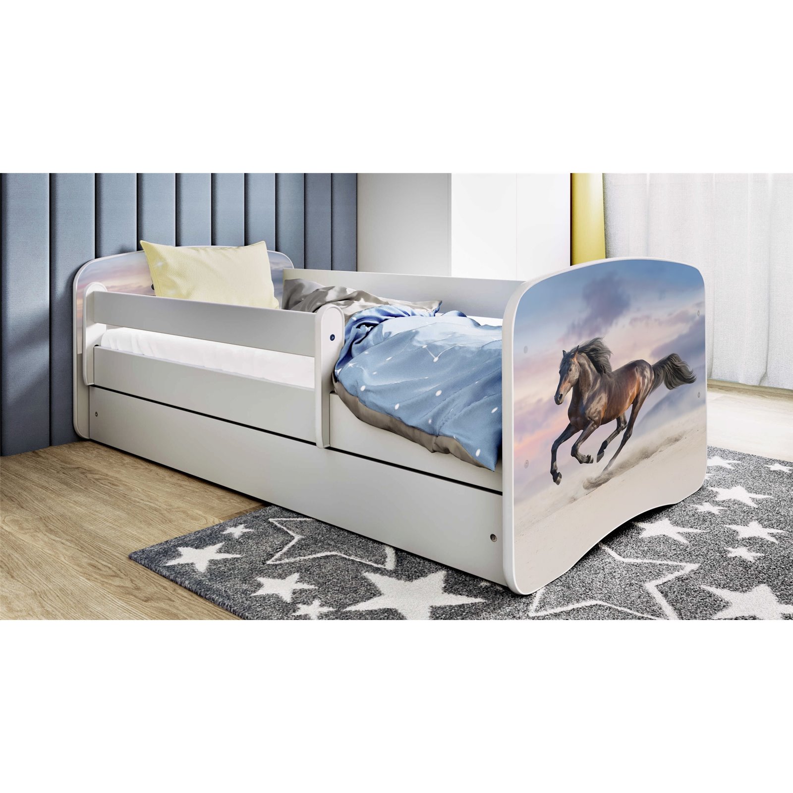 Łóżko dziecięce Babydreams - Koń Z szufladą 140/70, Biały, Materac pianka lateks kokos 140/70/10 - materac średniej twardości (+