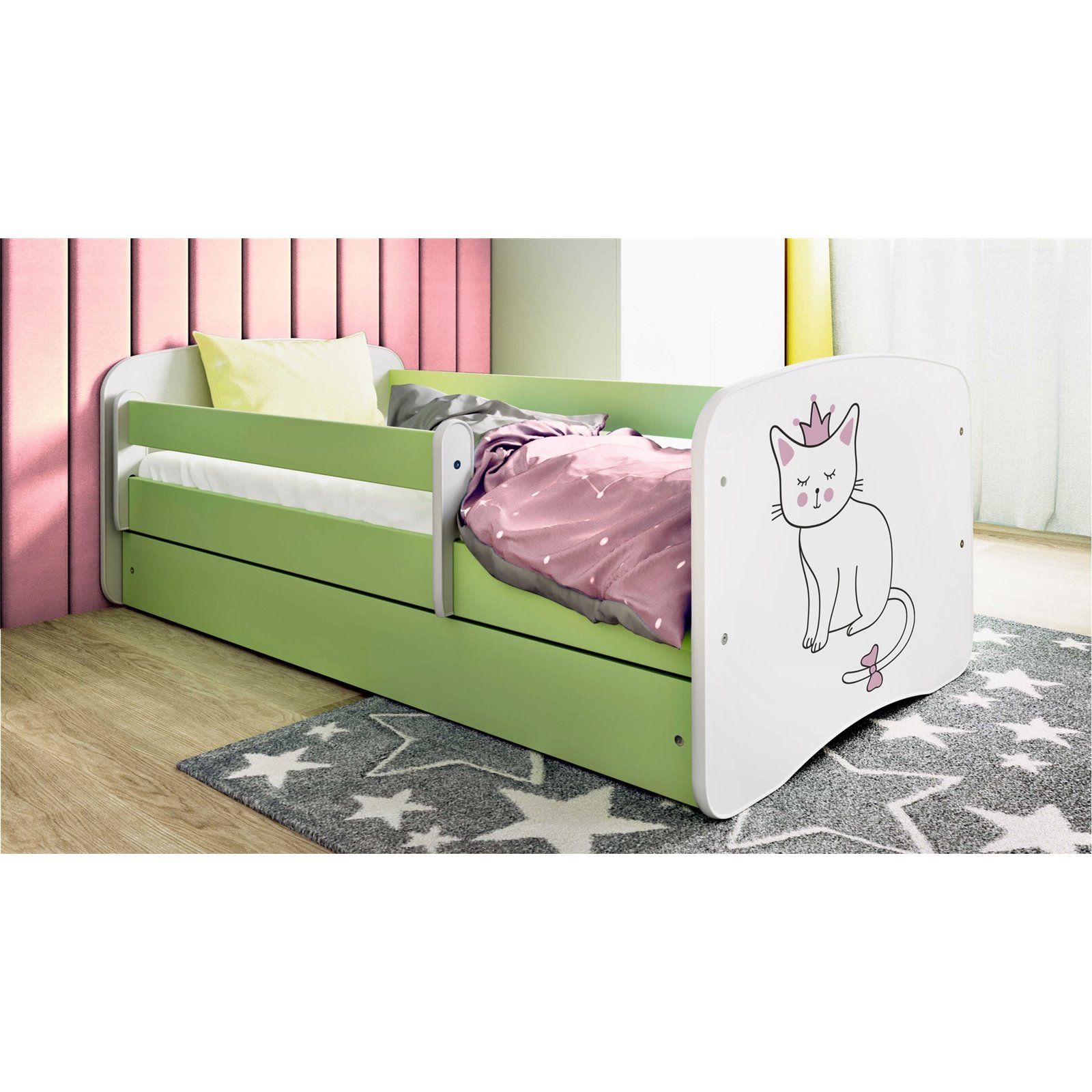 Łóżko dziecięce Babydreams - Kotek Z szufladą 140/70, Zielony, Materac pianka kokos 140/70/9 - materac średniej twardości (+279z