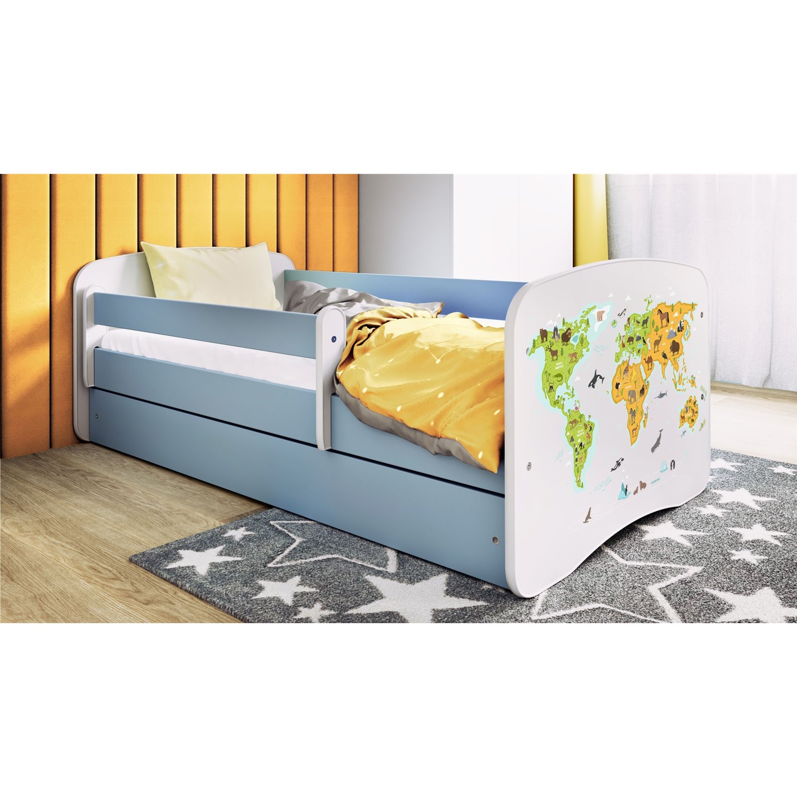 Łóżko dziecięce Babydreams - Mapa Bez szuflady 180/80, Niebieski, Materac pianka kokos 180/80/9 - materac średniej twardości (+3