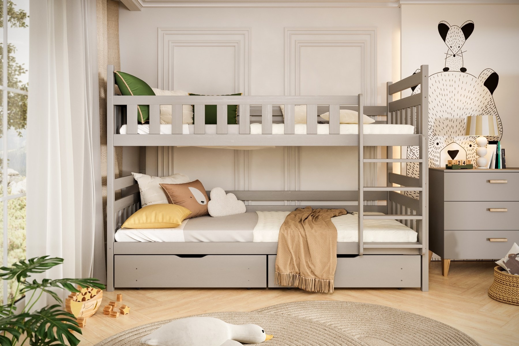 Łóżko Filip - 160x80, kolor szary, z barierką, z wysuwanym spaniem, materac piankowy