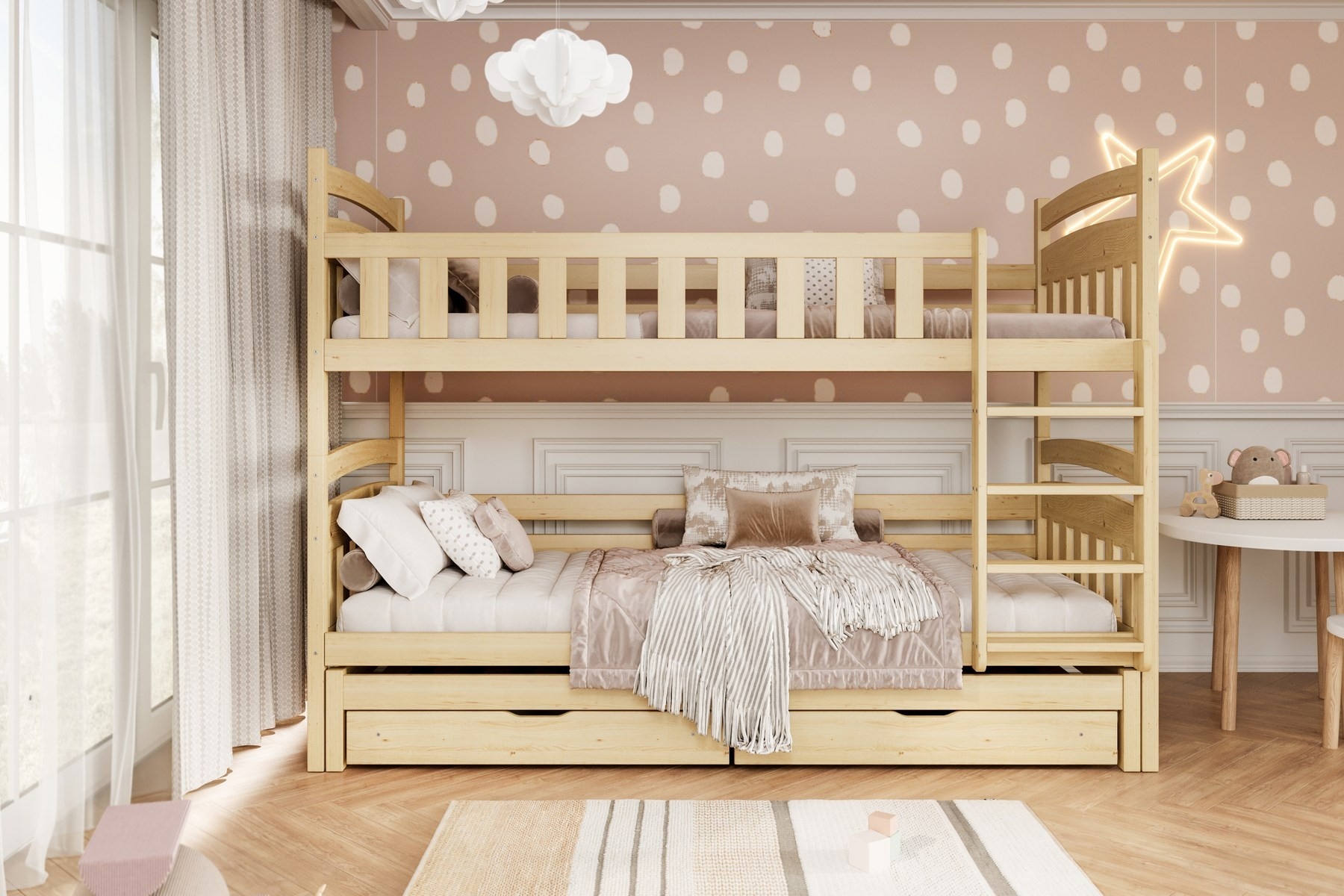 Łóżko Laura - 180x90, kolor naturalny lakierowany, z szufladami, materac piankowo-kokosowy