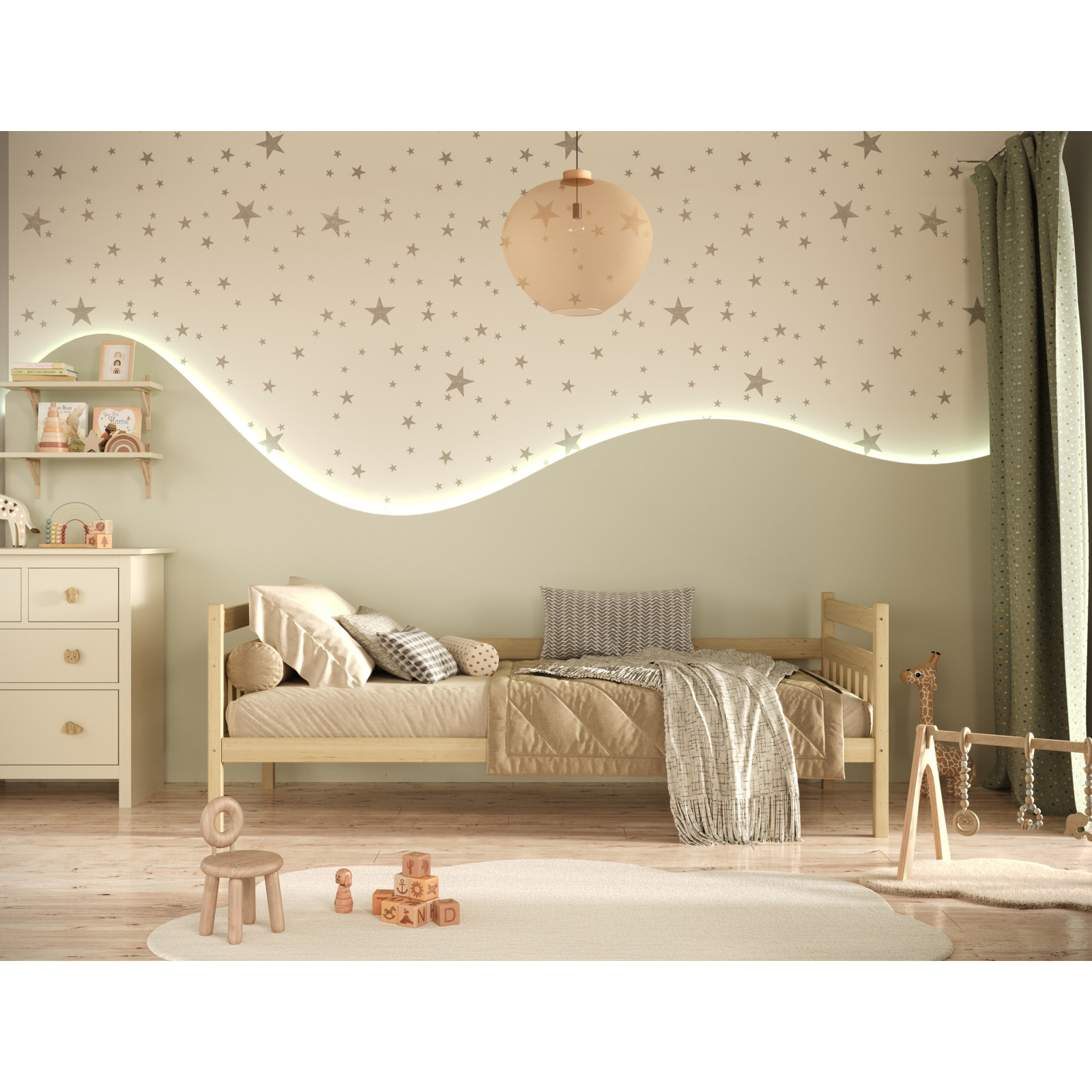 Łóżko Dawid - 180x90, kolor naturalny lakierowany, z barierką, materac kokosowy