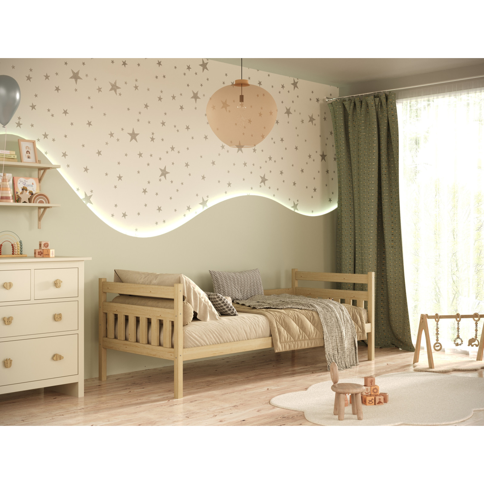 Łóżko Dawid - 200x80, kolor naturalny lakierowany, z barierką, materac piankowy