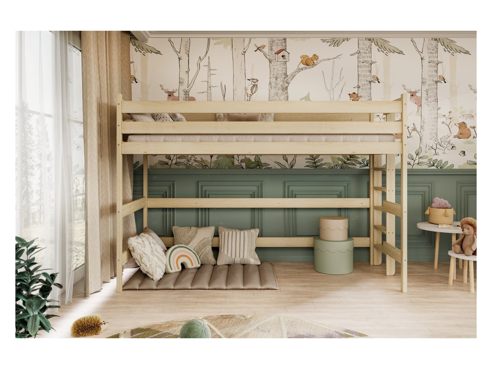 Łóżko Antek 1 - 160x80, kolor naturalny nielakierowany, z wysuwanym spaniem i szufladami, materac piankowo-lateksowy