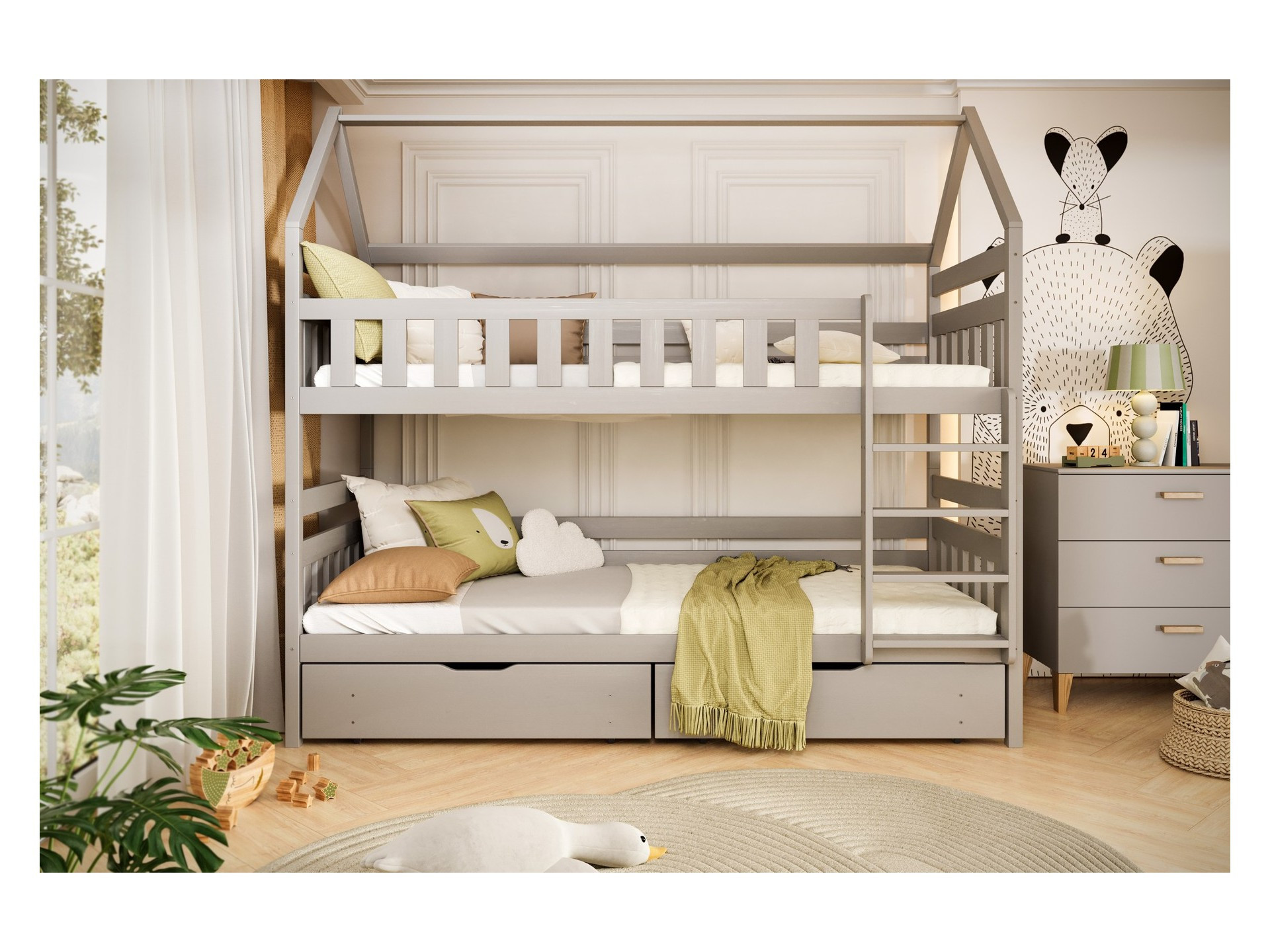 Łóżko Fabian - 180x80, kolor szary, z barierką, materac piankowy