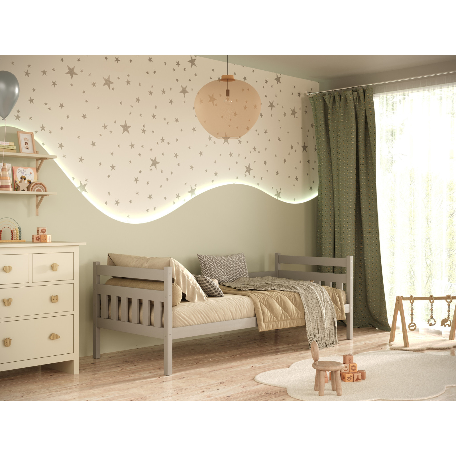 Łóżko Dawid - 200x90, kolor szary, z barierką, z wysuwanym spaniem i szufladami, materac piankowy