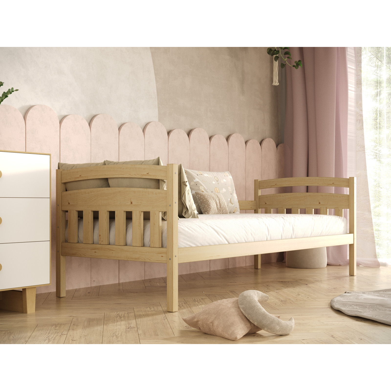 Łóżko Tosia - 160x80, kolor naturalny lakierowany, z wysuwanym spaniem, materac lateksowy