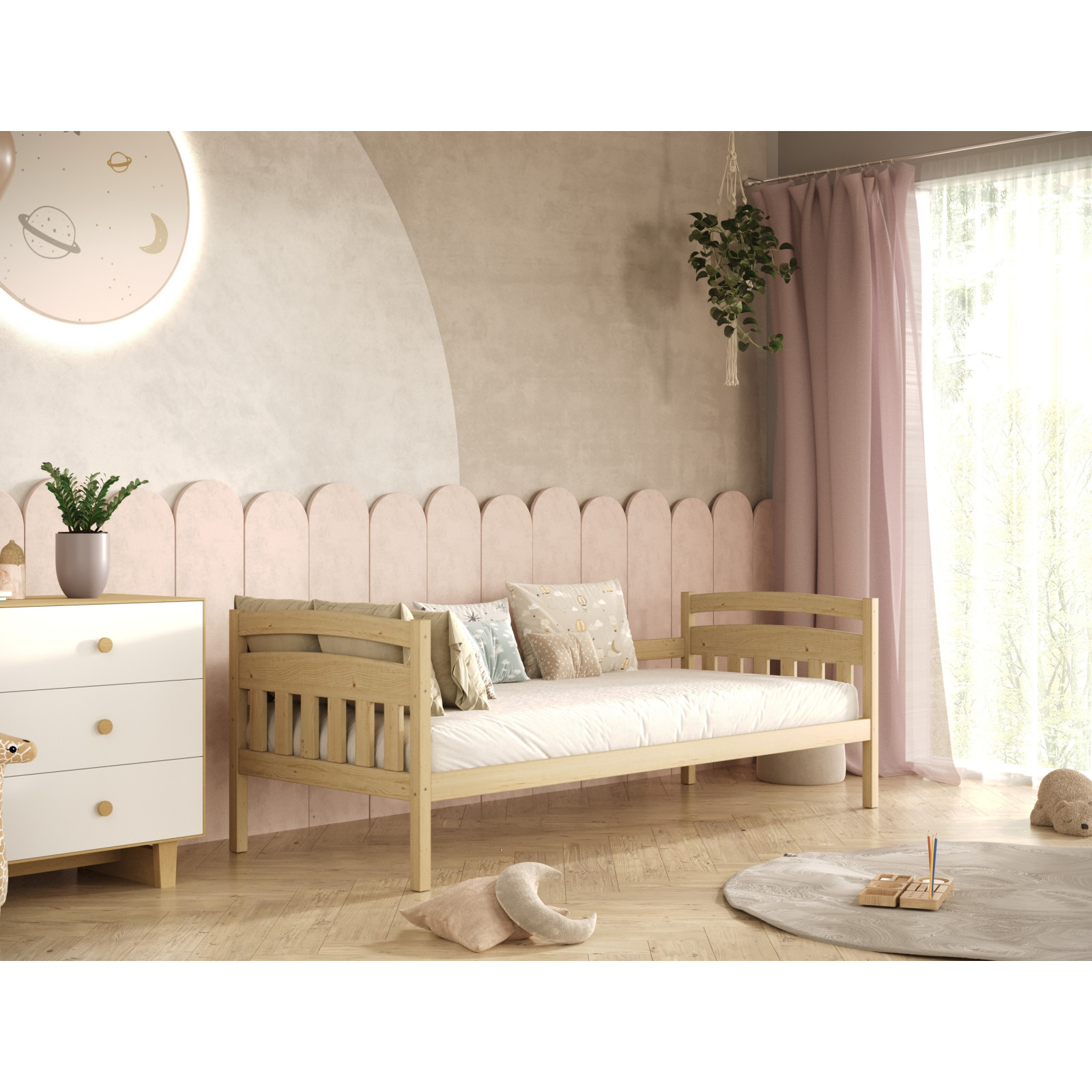 Łóżko Tosia - 160x80, kolor naturalny lakierowany, z barierką, materac kokosowy