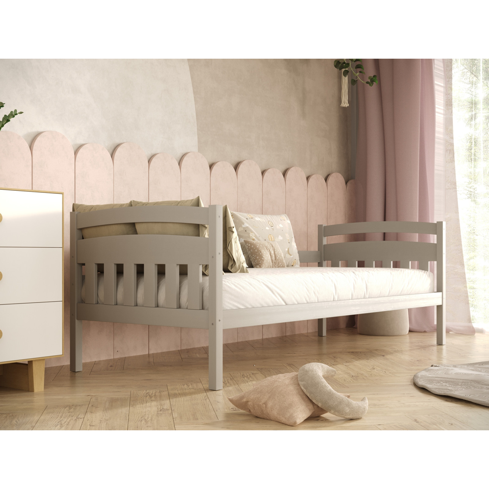 Łóżko Tosia - 180x90, kolor szary, z barierką, materac kokosowy