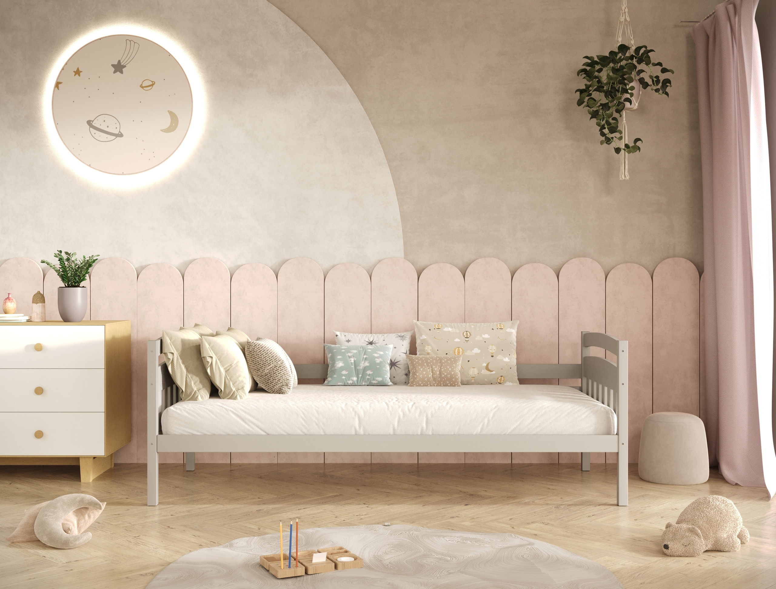 Łóżko Tosia - 200x90, kolor szary, z barierką, z wysuwanym spaniem i szufladami, materac kokosowy