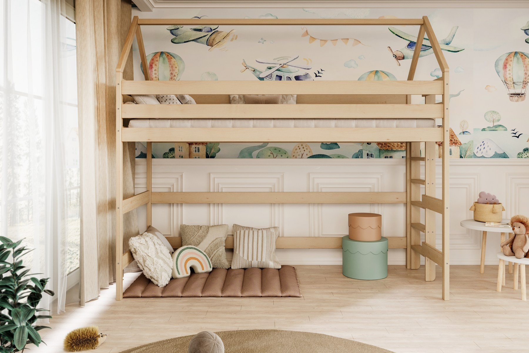 Łóżko Eryk 1 - 160x80, kolor naturalny nielakierowany, z wysuwanym spaniem, materac piankowo-kokosowy