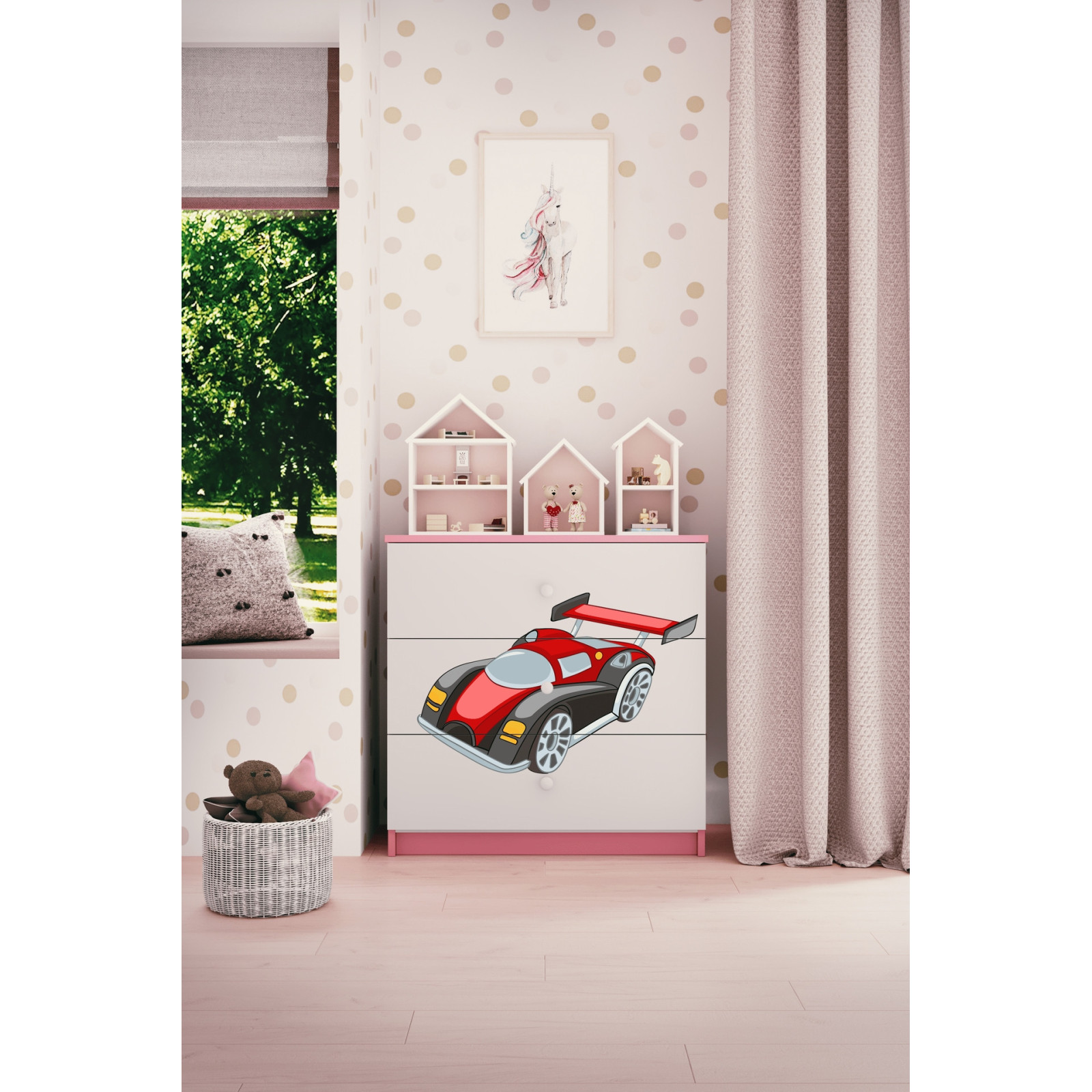Komoda Babydreams Auto wyścigowe - kolor różowy