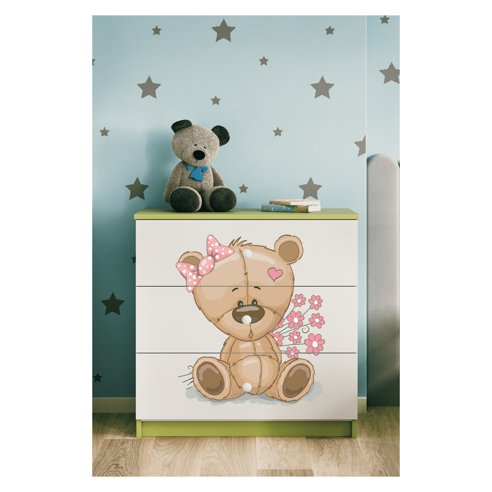Komoda Babydreams Miś z kwiatkami - kolor zielony