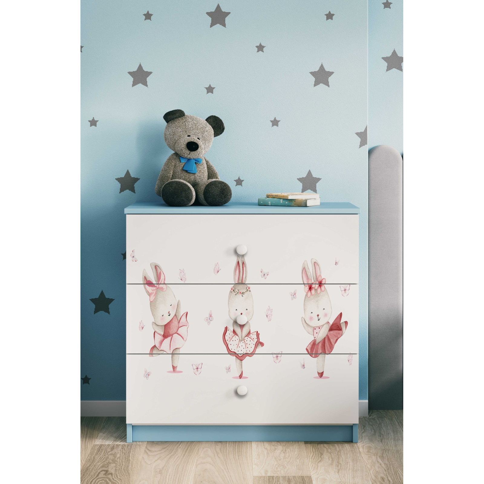 Komoda babydreams niebieska Króliczki z motylkami