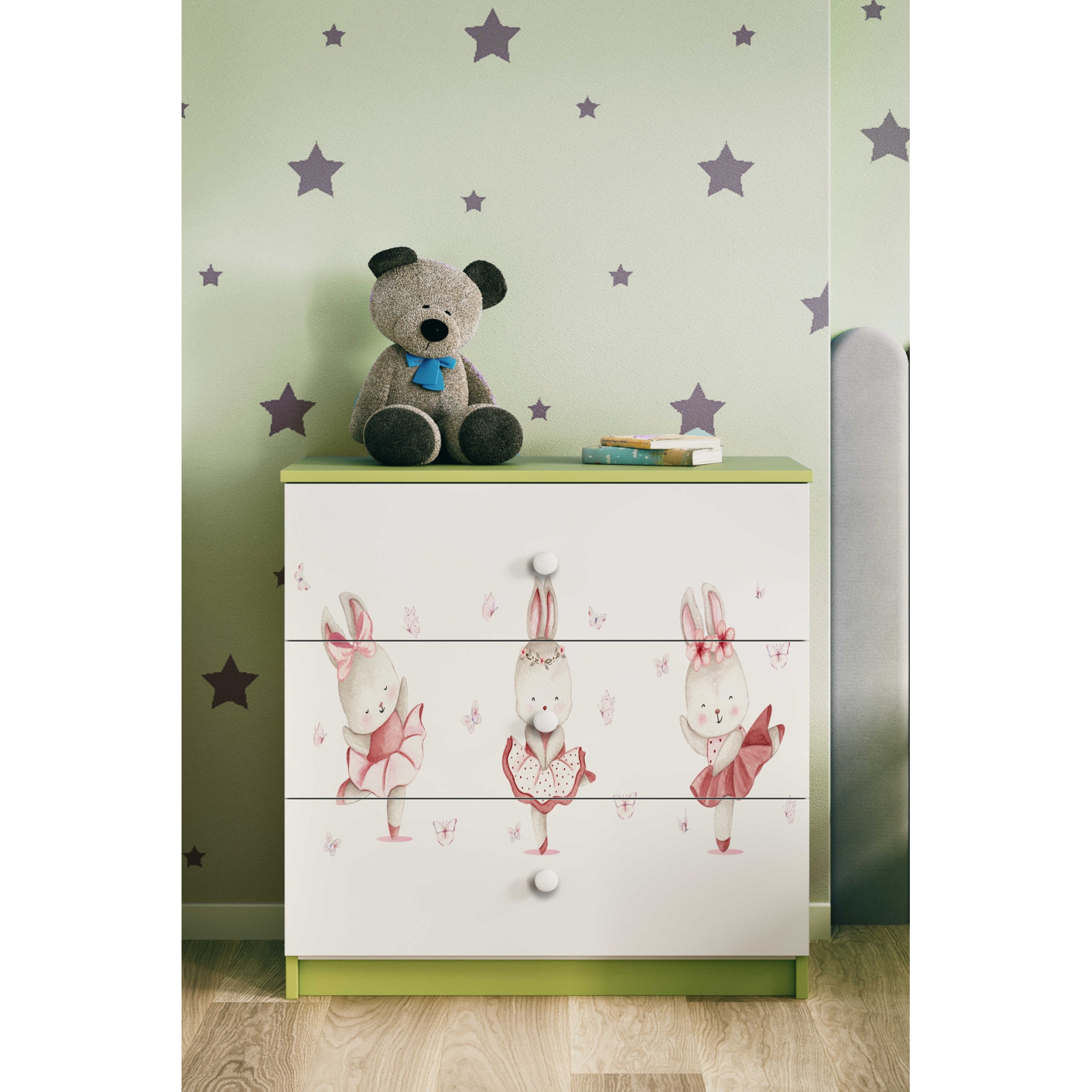 Komoda babydreams zielona Króliczki z motylkami